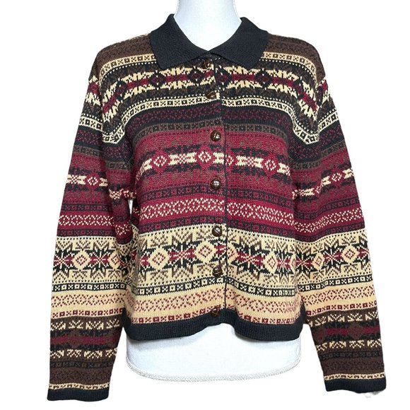 Vintage Sweaters - Fair Isle Cardigan L Sweater Collared Ramie Cotton Vintage Snowflake Knit